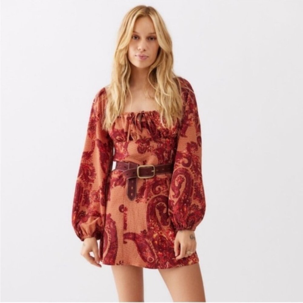 Urban Outfitters | Vivienne Long Sleeve Mini Dress Brown Red Motif Small New